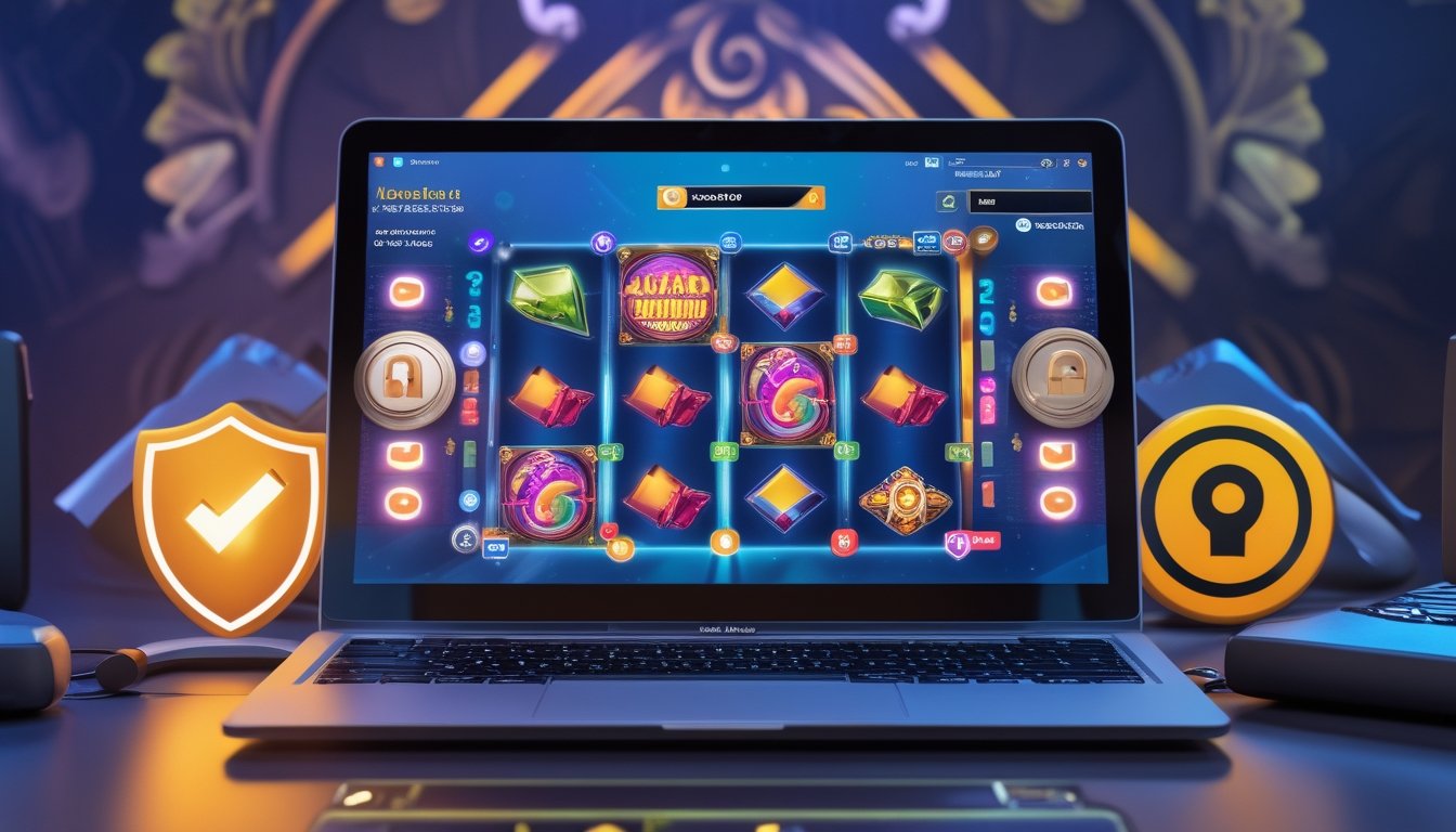 Seorang pemain menggunakan komputer dengan tampilan permainan slot online yang berwarna-warni dan simbol keamanan di sekitarnya.