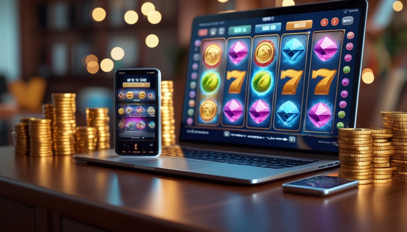 Seorang pengguna sedang bermain permainan slot online di laptop dan ponsel dengan koin emas dan simbol jackpot di sekitar perangkat.