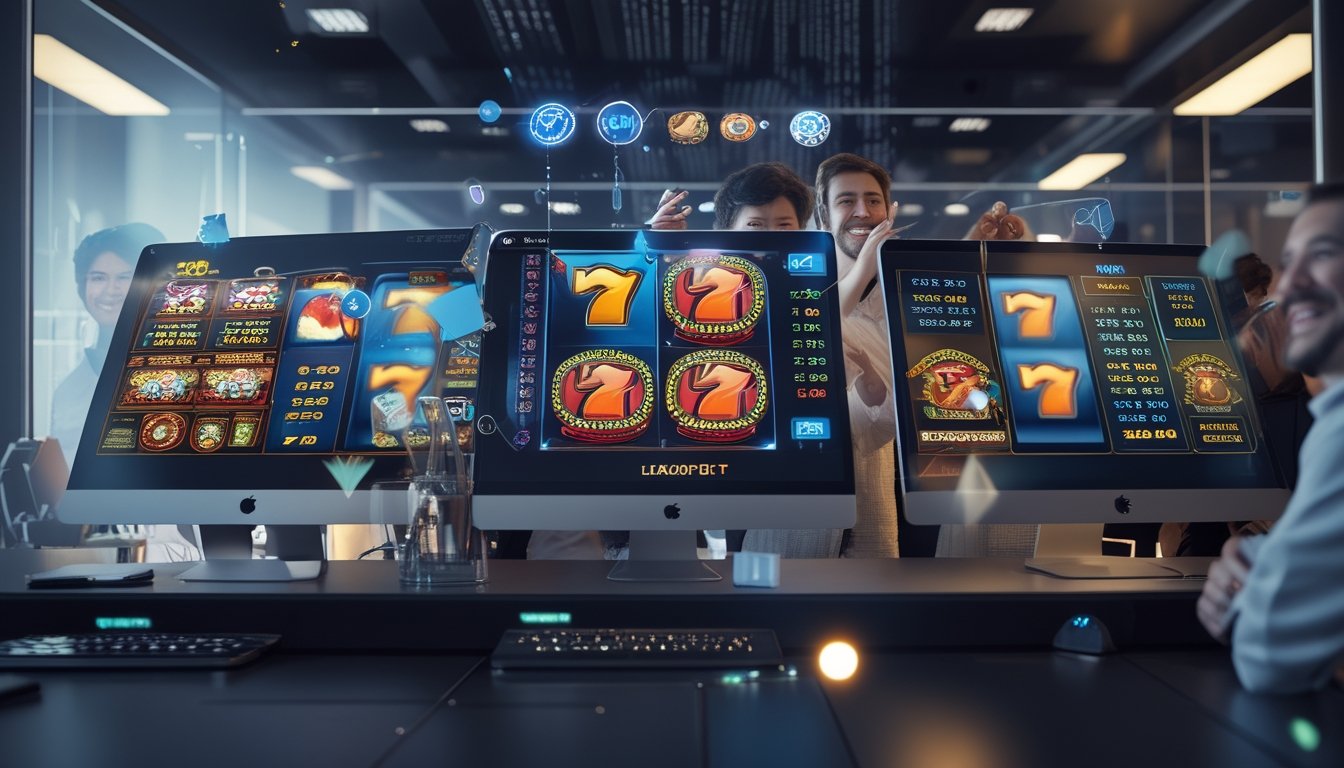 Orang-orang menggunakan komputer dengan layar menampilkan permainan slot online yang penuh warna dan jackpot besar.
