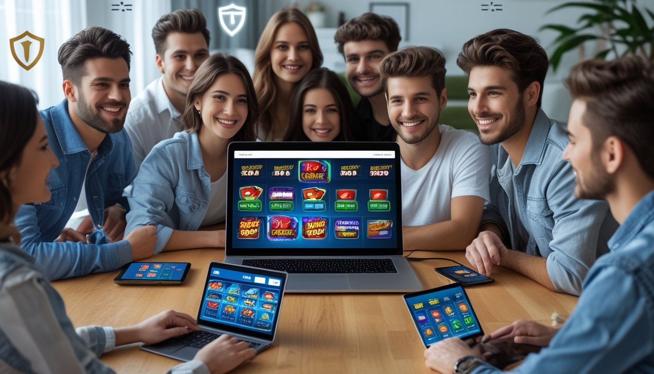 Sekelompok orang muda bermain permainan slot online di ruang tamu yang nyaman dan aman.