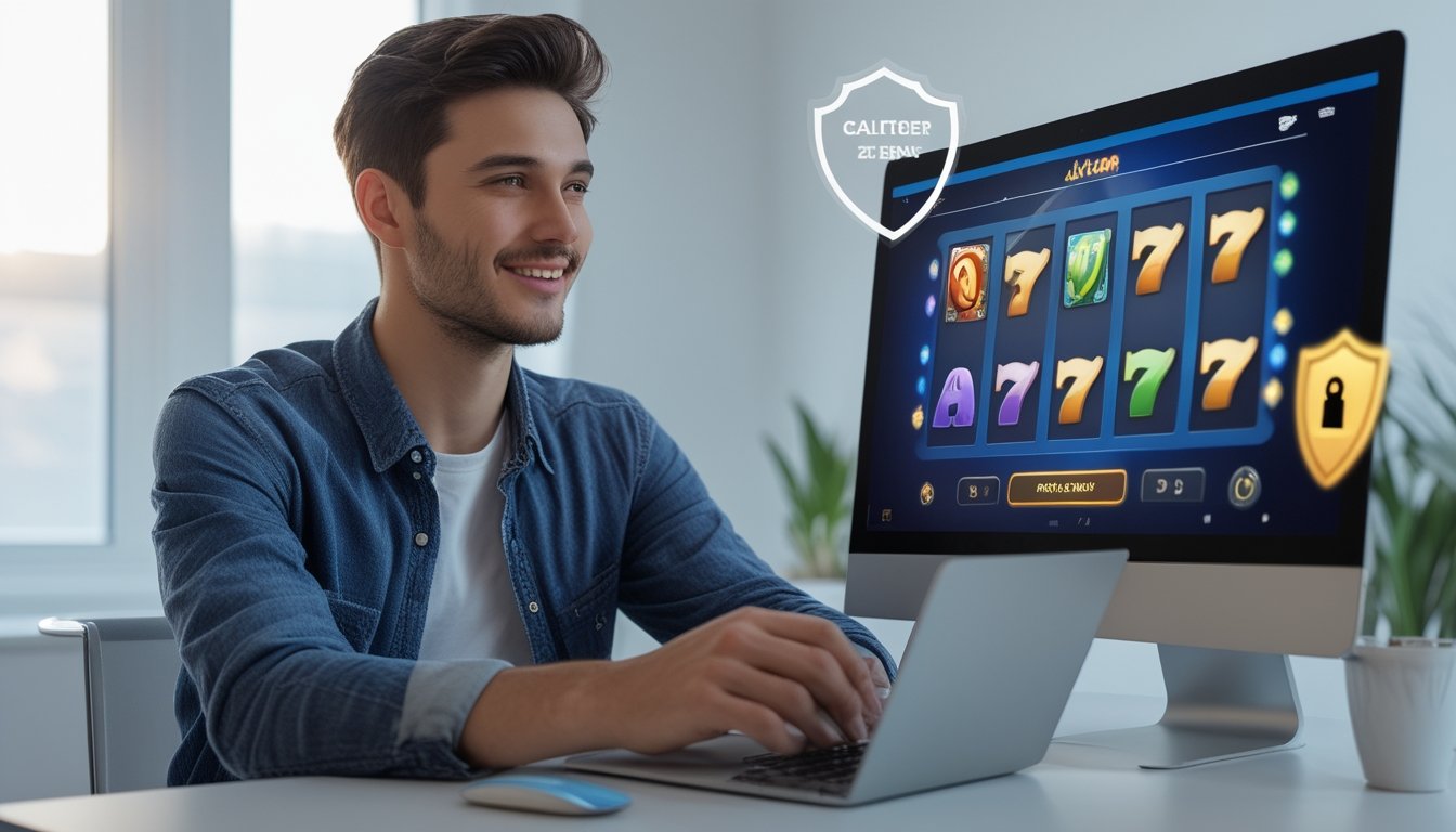 Seorang pria muda duduk di depan laptop yang menampilkan permainan slot online dengan latar belakang ruangan yang terang dan rapi.