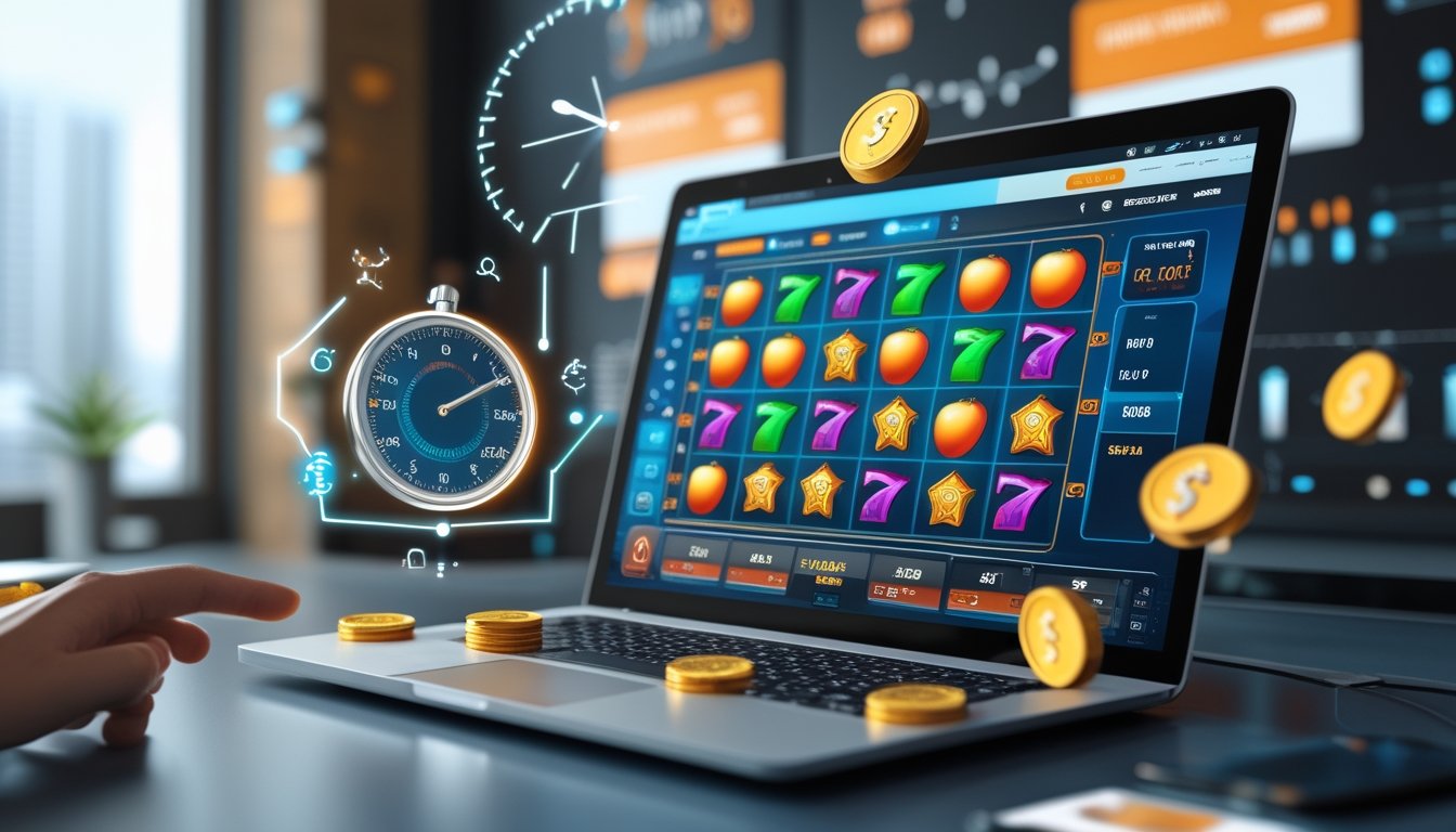 Layar komputer menampilkan permainan slot online dengan simbol warna-warni, dikelilingi oleh ikon kecepatan dan elemen teknologi di meja kerja yang rapi.