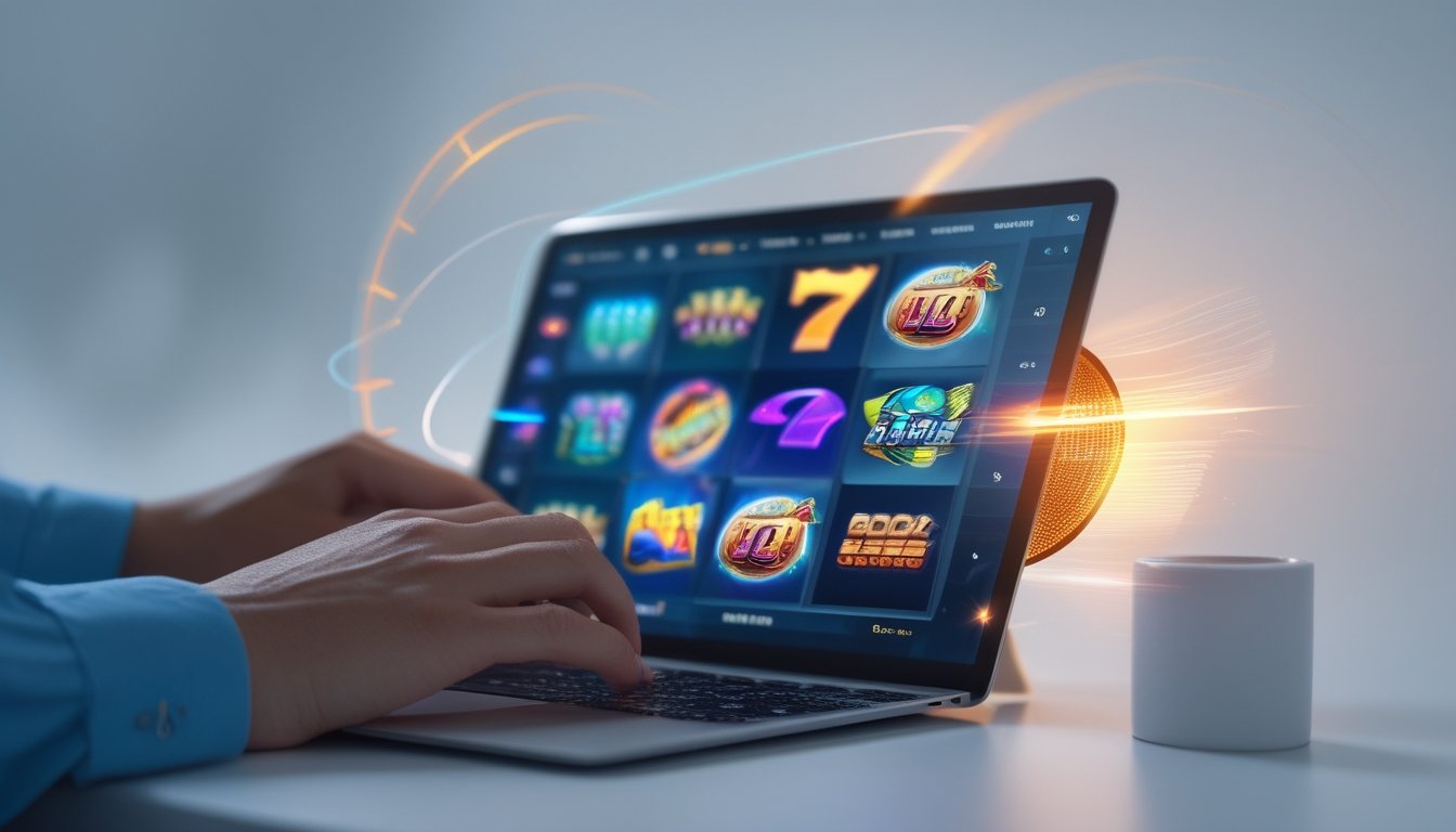 Tangan seseorang menggunakan laptop dengan tampilan permainan slot warna-warni di layar dalam suasana gaming digital yang modern dan cepat.