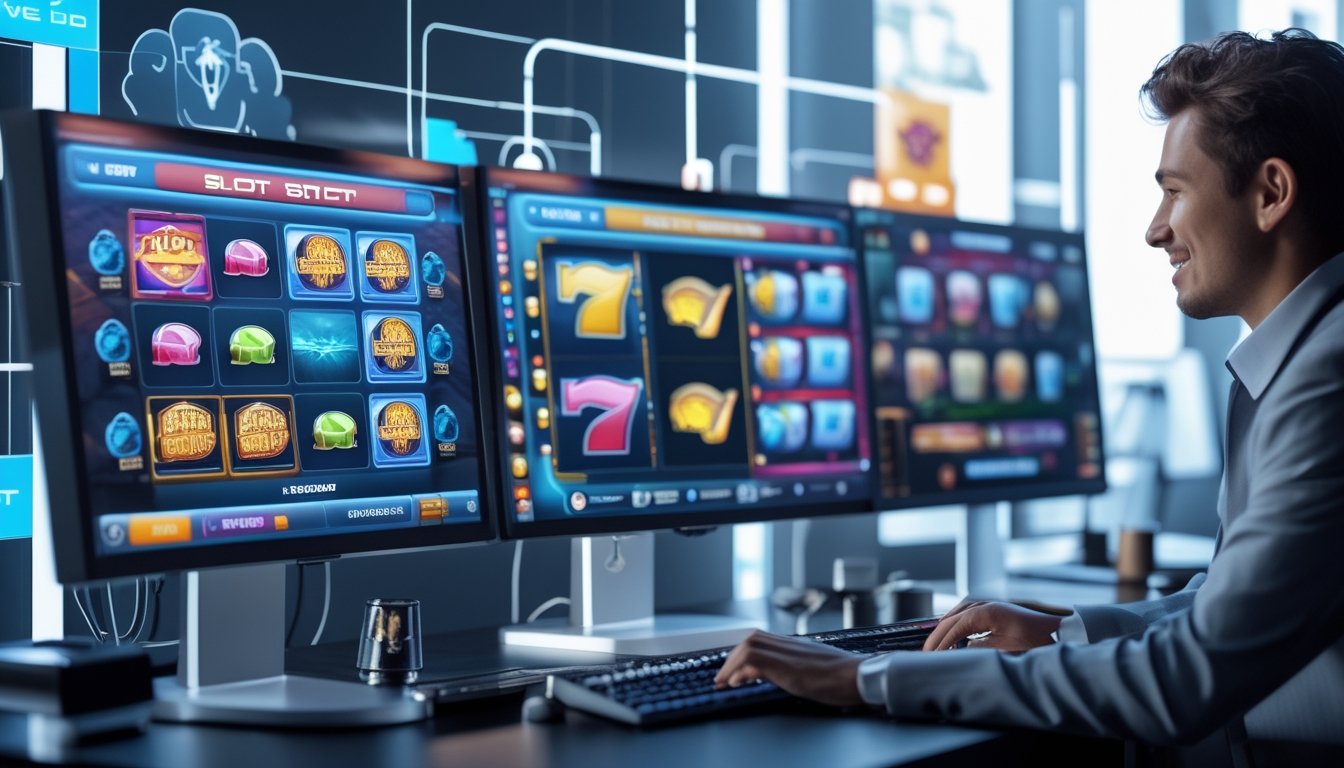 Seseorang menggunakan komputer dengan beberapa layar menampilkan permainan slot online yang berwarna-warni di lingkungan digital yang modern dan terpercaya.