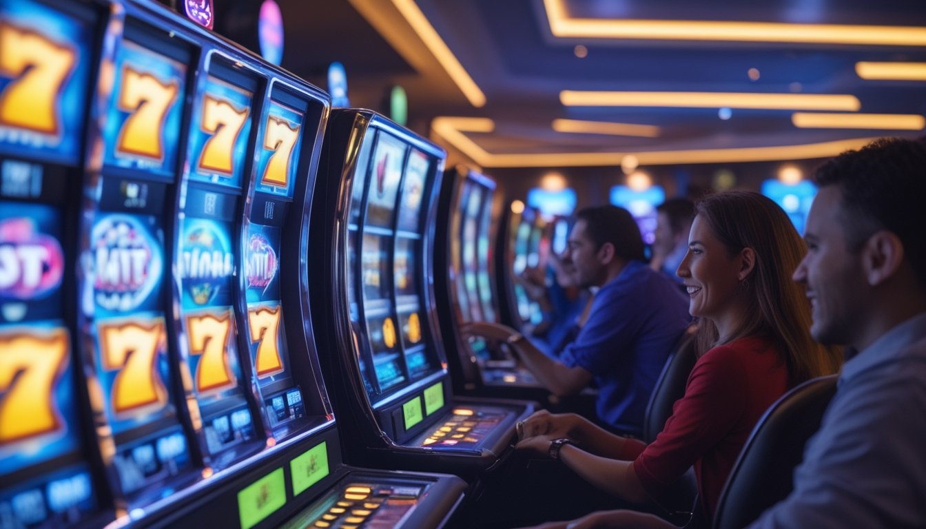 Suasana ruangan kasino online dengan mesin slot digital yang menampilkan simbol scatter dan orang-orang yang menikmati permainan.