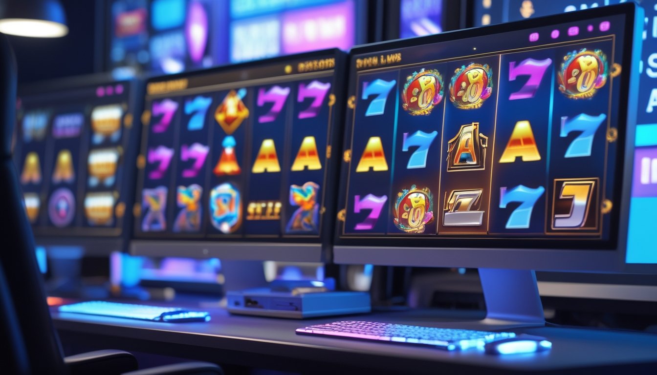 Suasana modern dengan komputer menampilkan permainan slot online yang berwarna-warni dan simbol scatter besar.