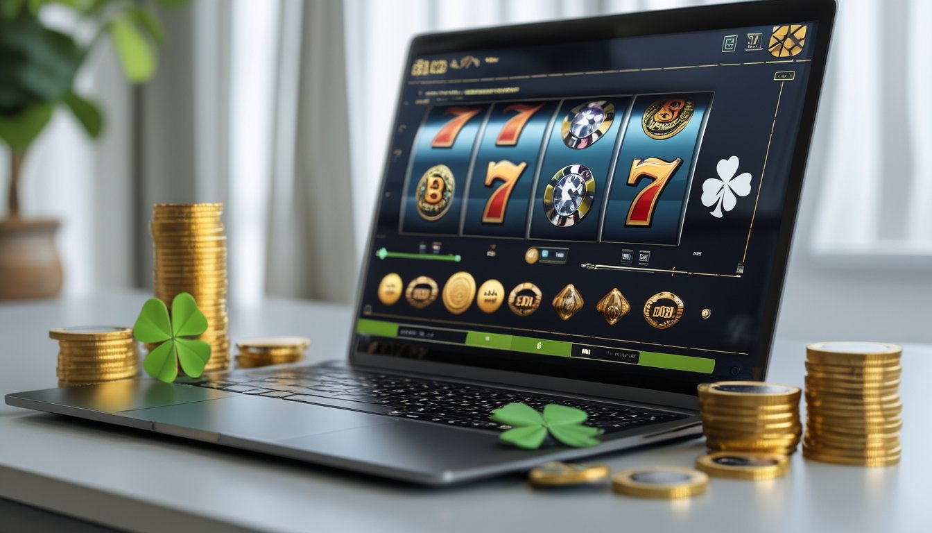 Meja kerja dengan laptop yang menampilkan permainan slot, dikelilingi koin emas dan chip poker sebagai simbol keberuntungan.