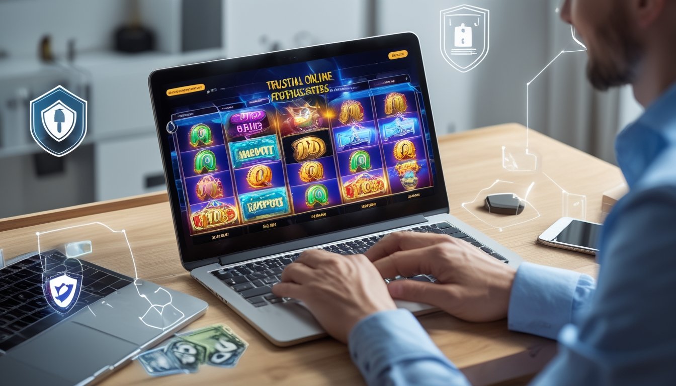 Seorang profesional menggunakan laptop dengan tampilan permainan slot online yang berwarna-warni di meja kerja yang rapi.