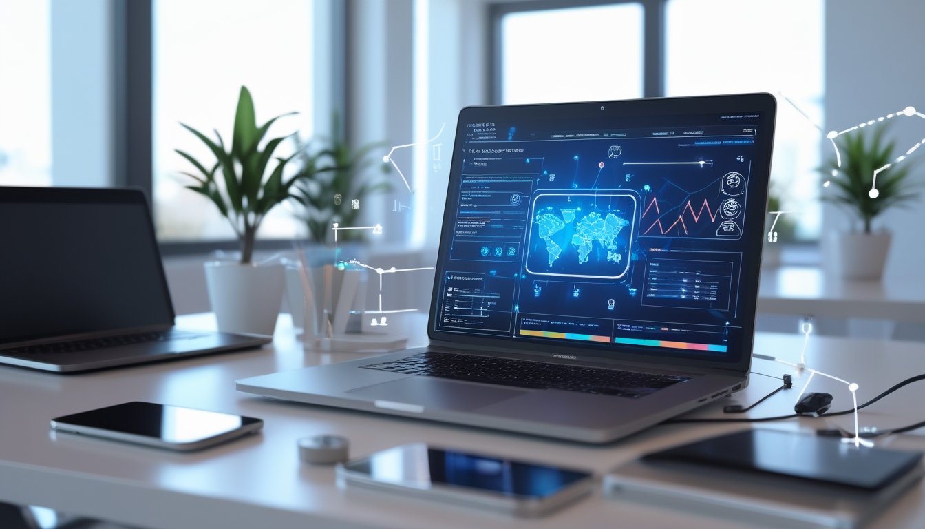 Sebuah ruang kerja modern dengan laptop yang menampilkan dashboard digital, dikelilingi oleh perangkat teknologi seperti ponsel dan tablet di sebuah kantor terang dan minimalis.