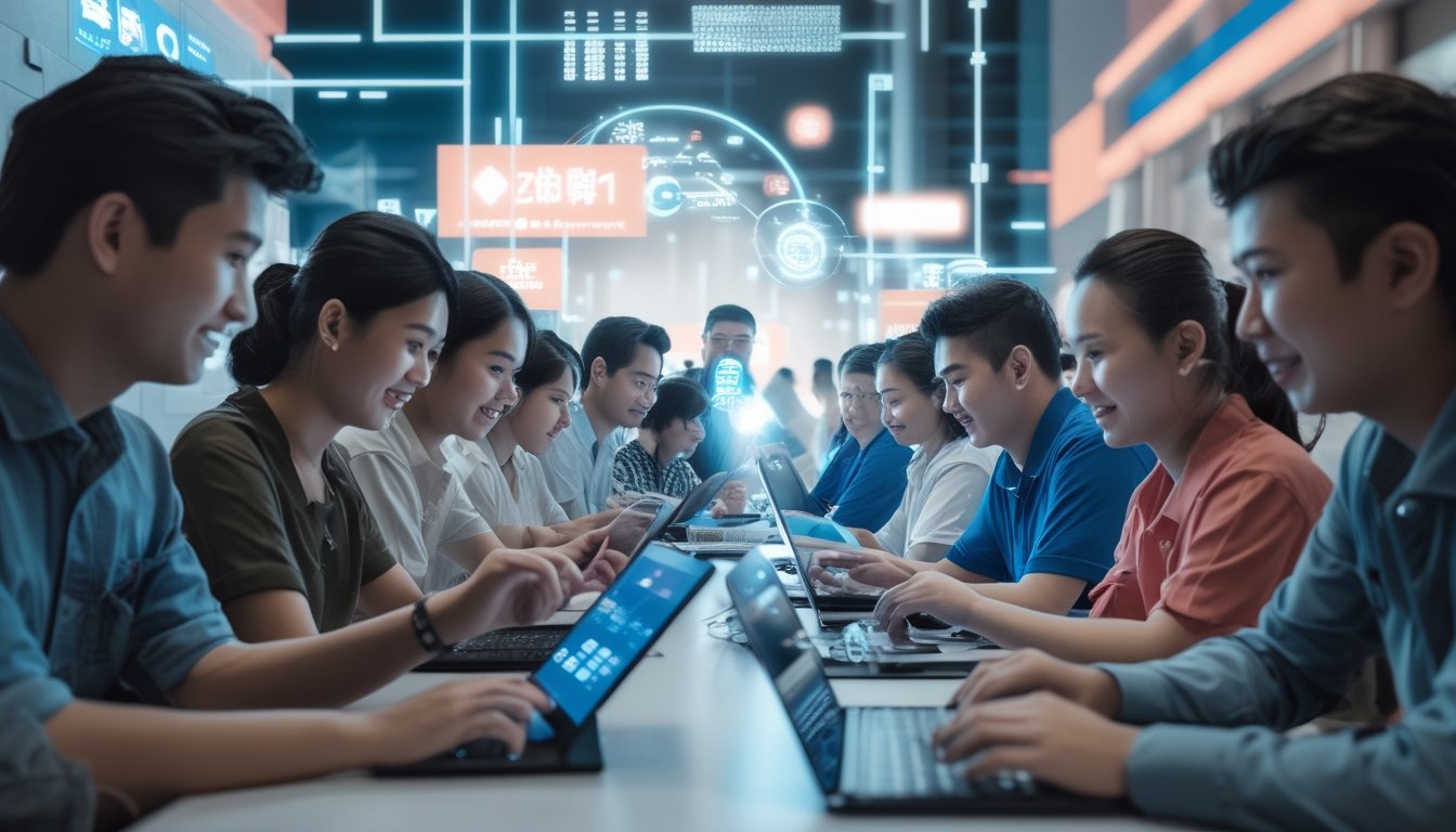 Sekelompok orang muda Asia Tenggara menggunakan perangkat digital di lingkungan perkotaan yang modern, berinteraksi dengan platform online terkait sabung ayam.