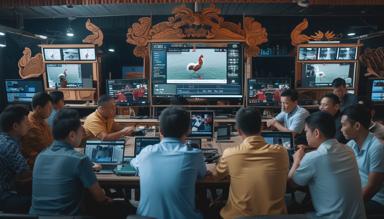 Sekelompok pria berkumpul di dalam ruangan dengan layar digital menampilkan siaran sabung ayam, menggunakan perangkat teknologi modern sambil berdiskusi.