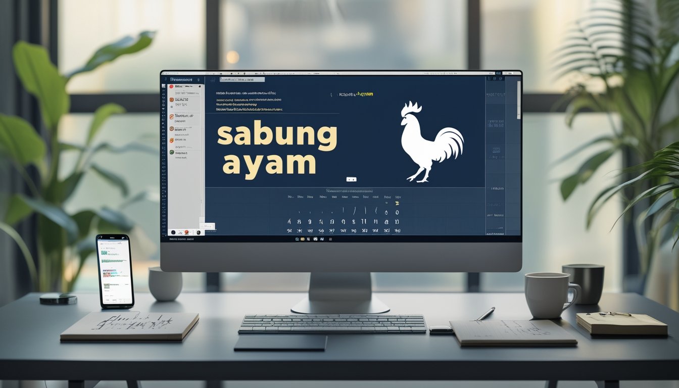 Sebuah meja kerja modern dengan komputer menampilkan kalender dan situs berita, di sekitar meja terdapat smartphone, kopi, dan alat tulis, dengan pencahayaan alami dan tanaman di latar belakang.