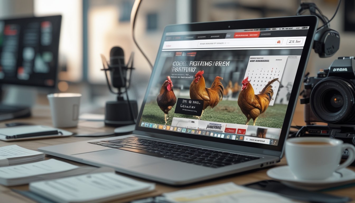 Sebuah ruang kerja modern dengan laptop yang menampilkan situs berita sabung ayam dan kalender jadwal harian, dikelilingi catatan, ponsel, dan secangkir kopi.
