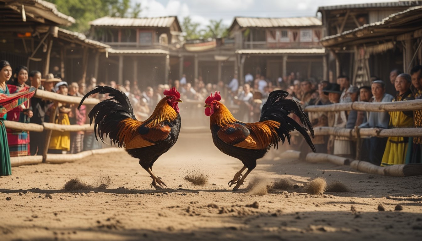 Dua ayam jago sedang bertarung di arena terbuka dengan penonton dari berbagai latar belakang budaya mengelilingi mereka.