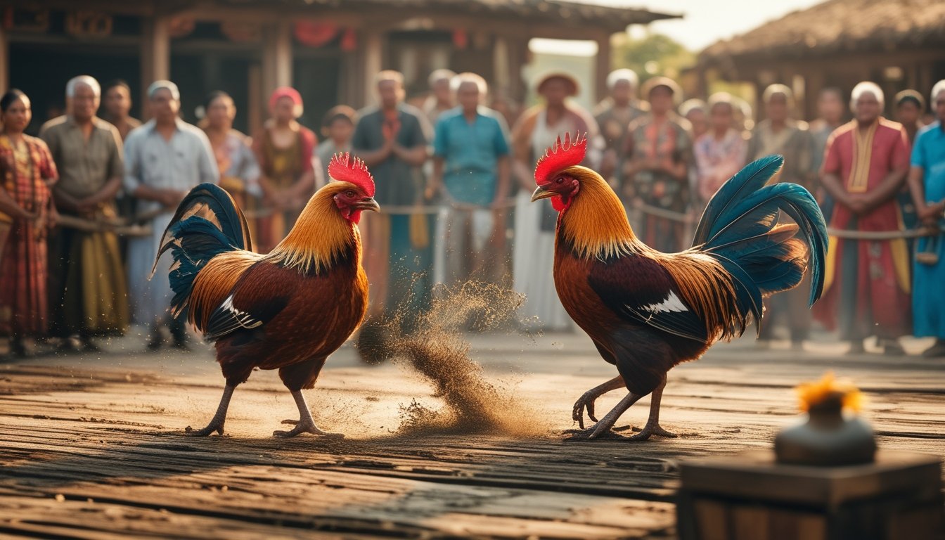 Dua ayam jago sedang bertarung di arena kayu dengan penonton dari berbagai budaya mengenakan pakaian tradisional di latar belakang.