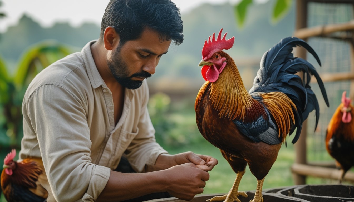 Seorang pria sedang memeriksa ayam aduan yang sehat dan kuat di lingkungan luar ruangan dengan latar belakang hijau.