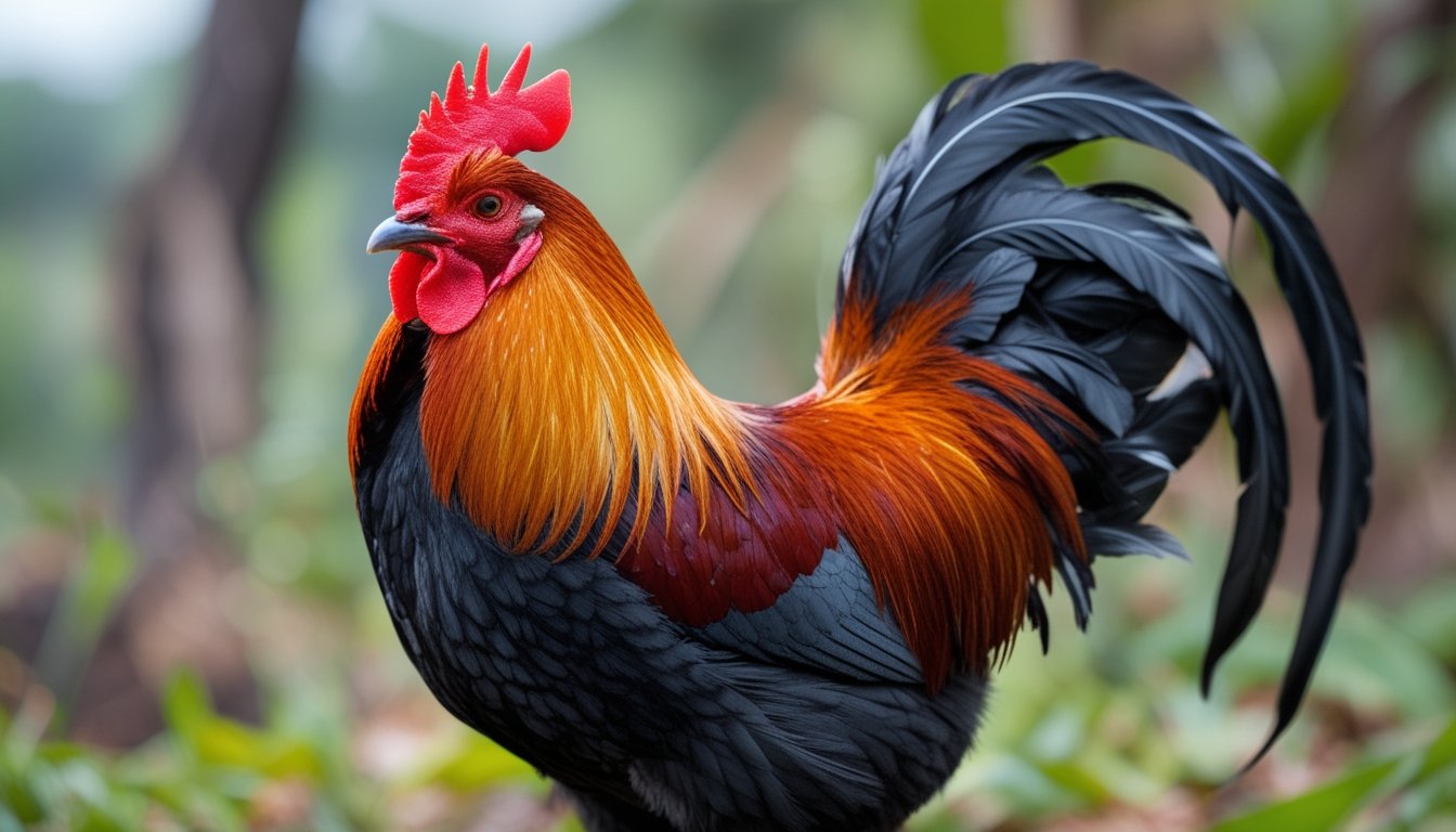 Seekor ayam aduan berkualitas dengan bulu berwarna cerah berdiri di luar ruangan dengan latar belakang tanaman hijau.