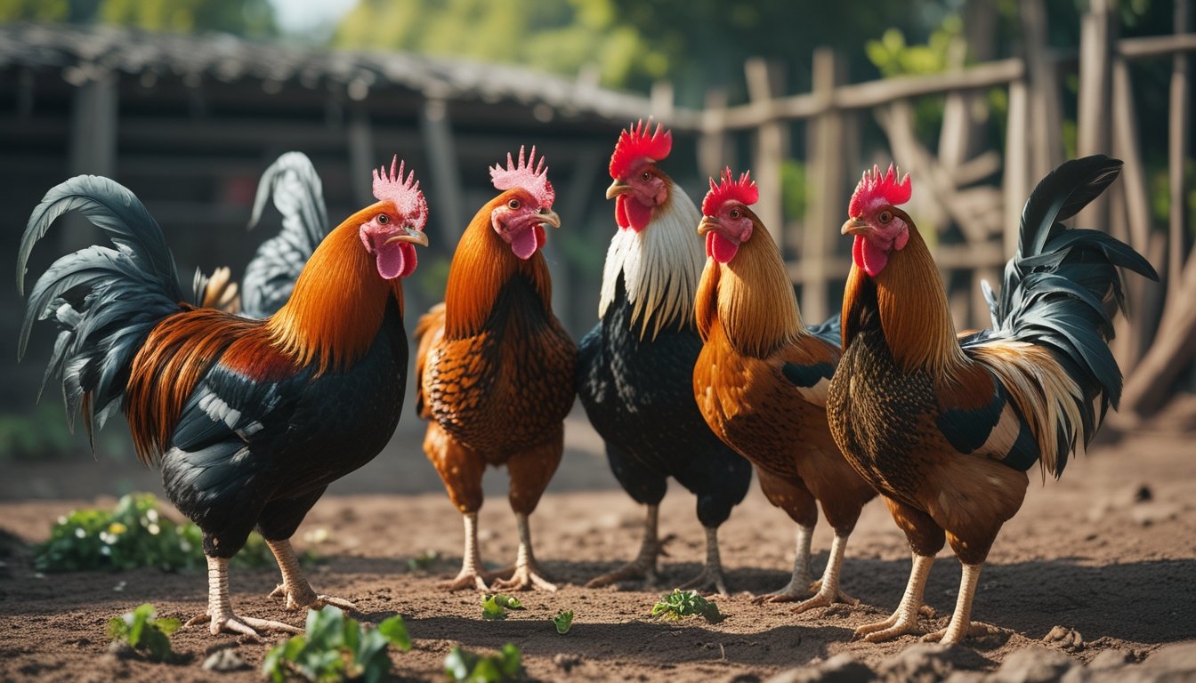 Beberapa ayam aduan dengan bulu warna-warni berdiri di luar ruangan dengan latar belakang alam dan pagar kayu.