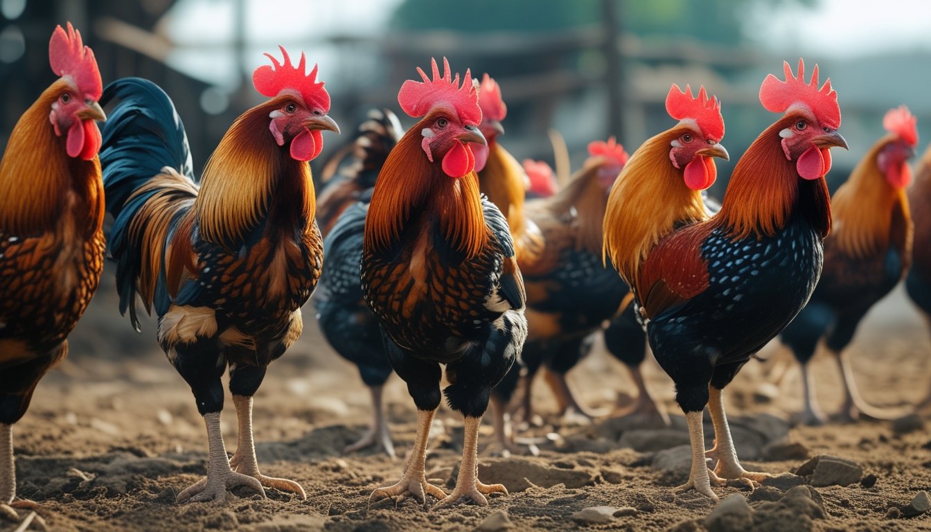 Beberapa ayam aduan dengan bulu berwarna-warni berdiri di tanah di latar belakang pedesaan.
