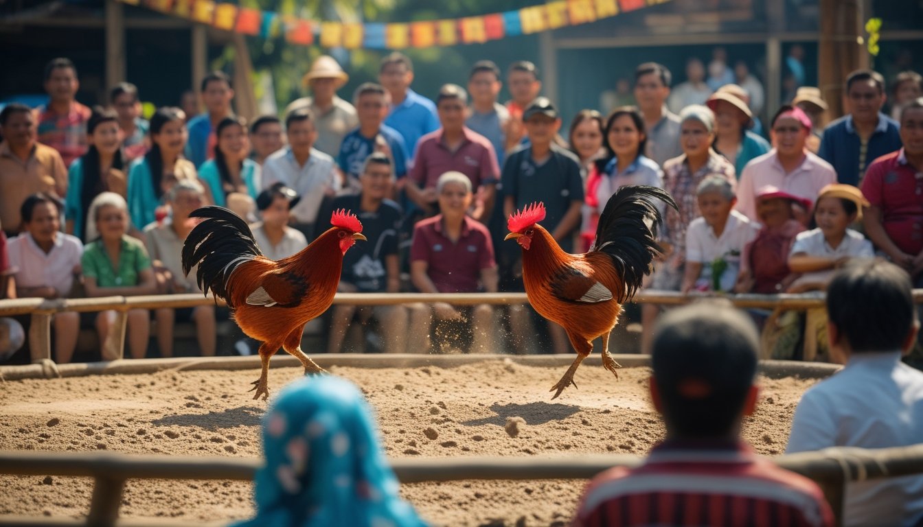 Dua ayam aduan sedang bertarung di arena melingkar dengan penonton yang antusias mengenakan pakaian tradisional dan kasual di latar belakang.