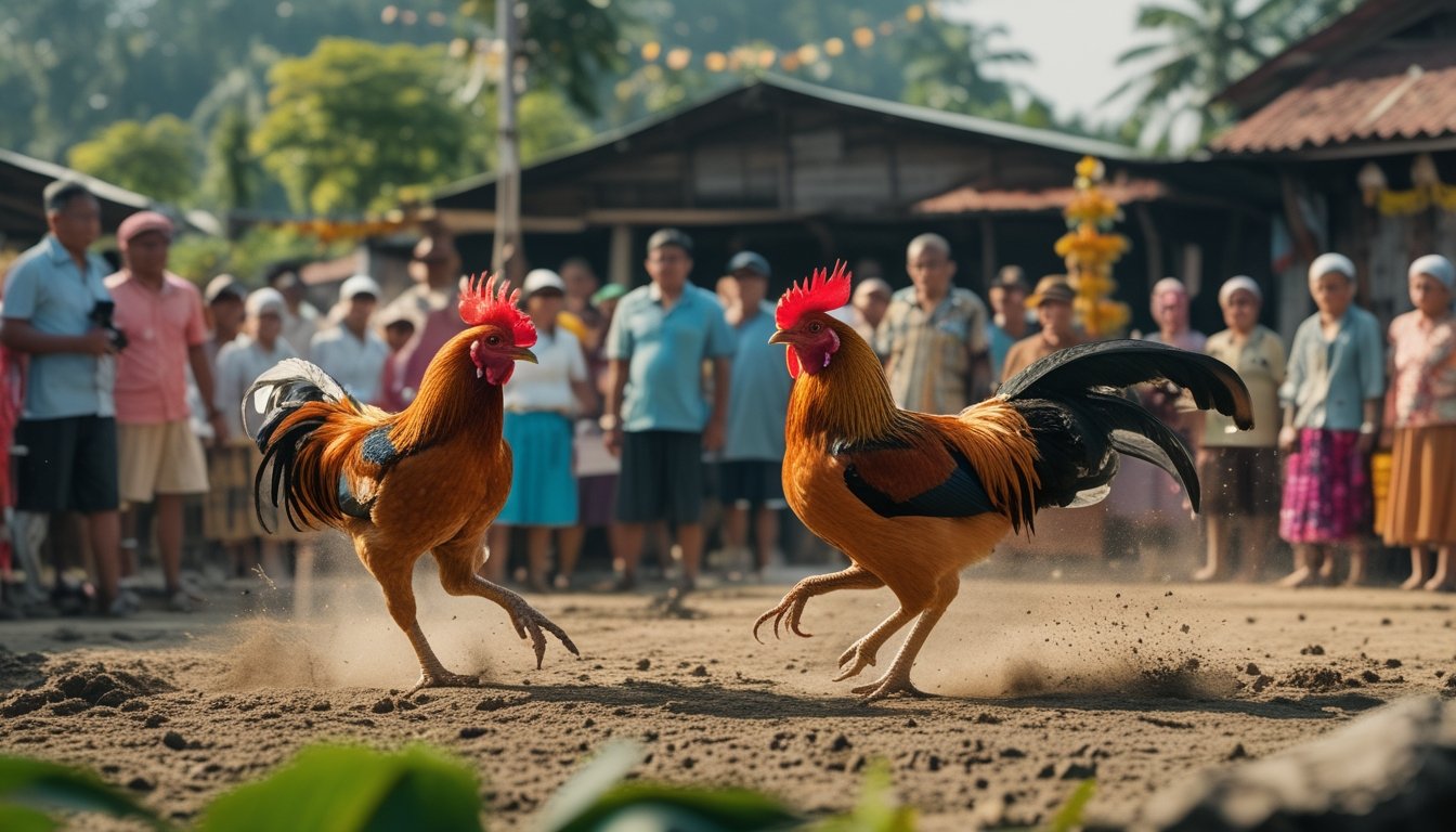 Dua ayam jago beraksi di arena sabung ayam tradisional dengan penonton lokal yang memperhatikan di latar belakang.