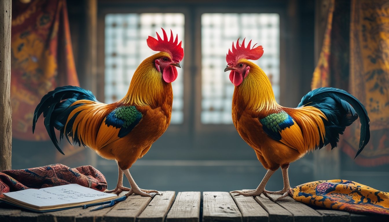 Dua ayam jago warna-warni berdiri di atas panggung kayu dengan buku catatan dan kain batik di sekitarnya dalam ruangan yang diterangi cahaya alami.