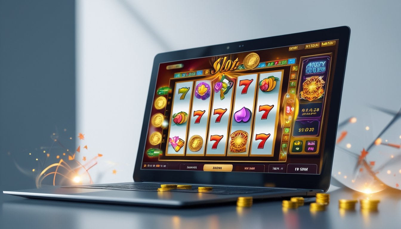 Layar perangkat menampilkan permainan slot online dengan simbol warna-warni dan koin emas, dikelilingi oleh efek cahaya digital.