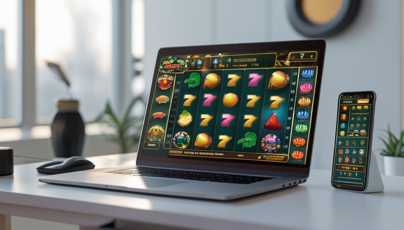 Meja kerja modern dengan laptop dan ponsel yang menampilkan permainan slot online berwarna-warni.