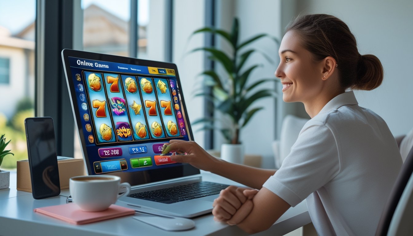 Seorang dewasa muda sedang bermain game slot online di laptop di meja kerja dengan suasana terang dan rapi di ruang tamu atau kantor rumah.