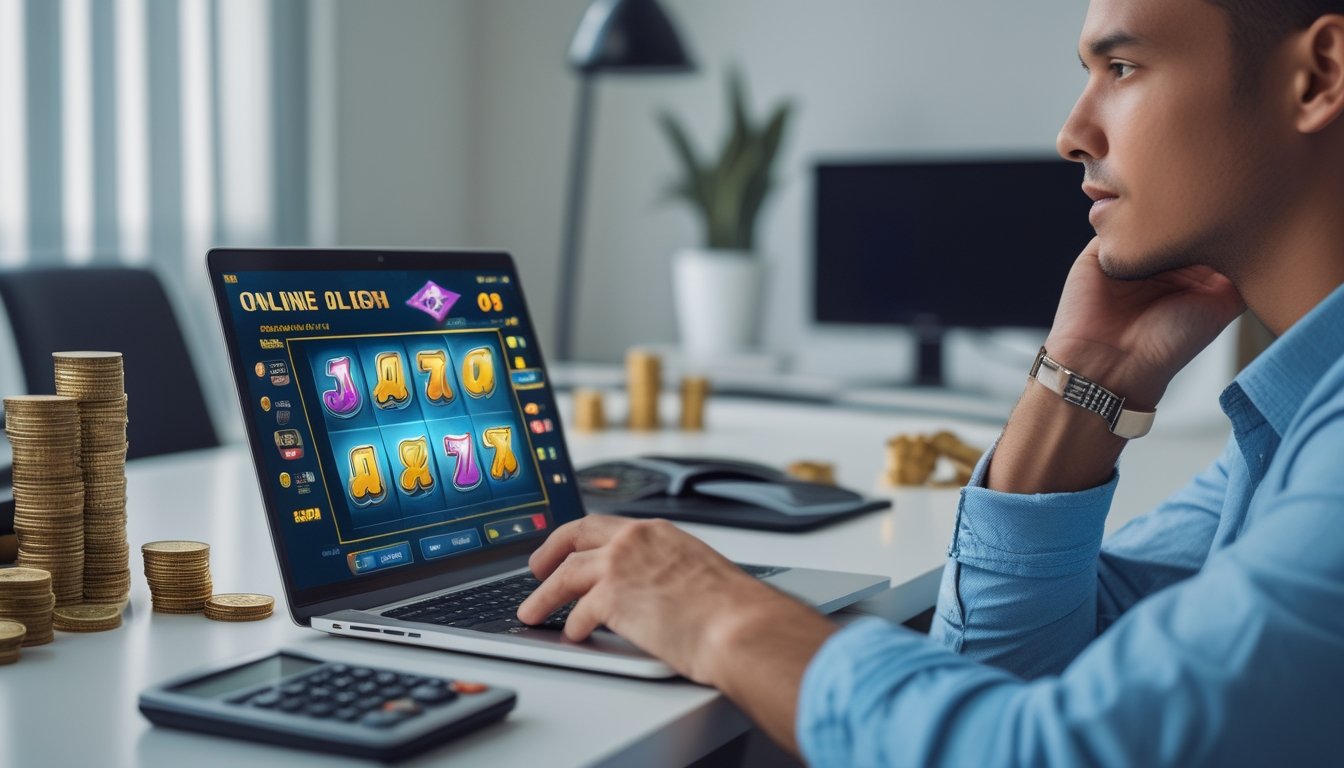 Seseorang duduk di meja dengan laptop yang menampilkan permainan slot online, dikelilingi koin dan kalkulator, terlihat fokus merencanakan strategi bermain dengan modal terbatas.