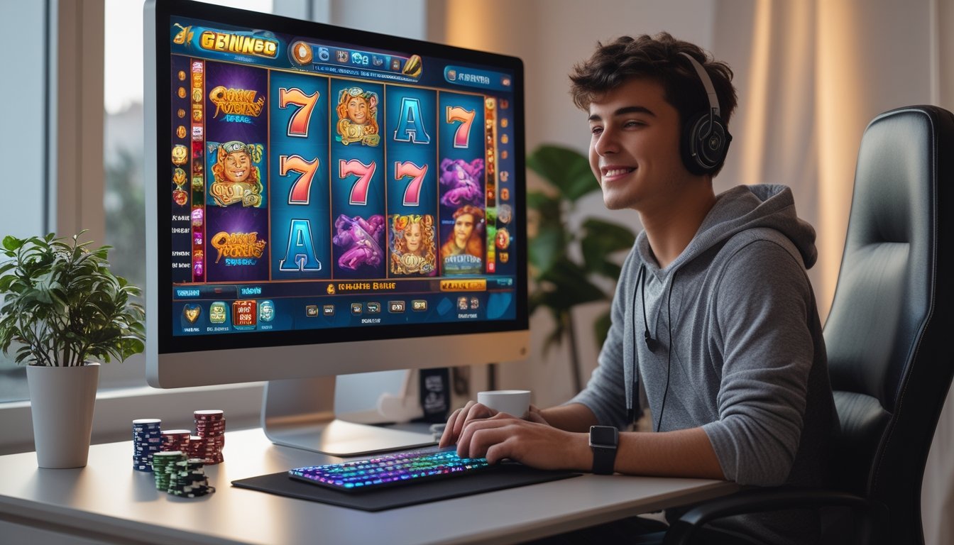 Seseorang sedang duduk di depan komputer yang menampilkan permainan slot online dengan suasana ruang kerja yang nyaman.