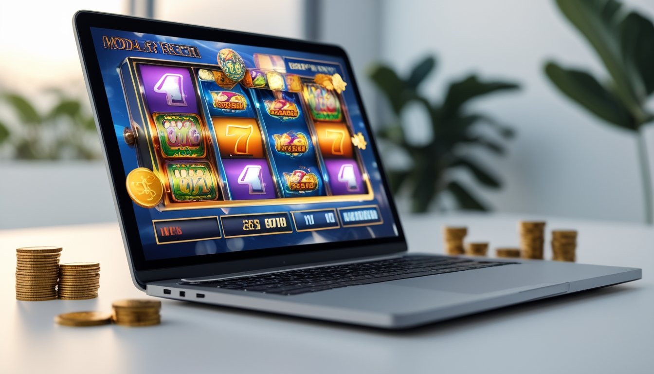 Sebuah laptop menampilkan permainan mesin slot online dengan koin kecil di sekitarnya.