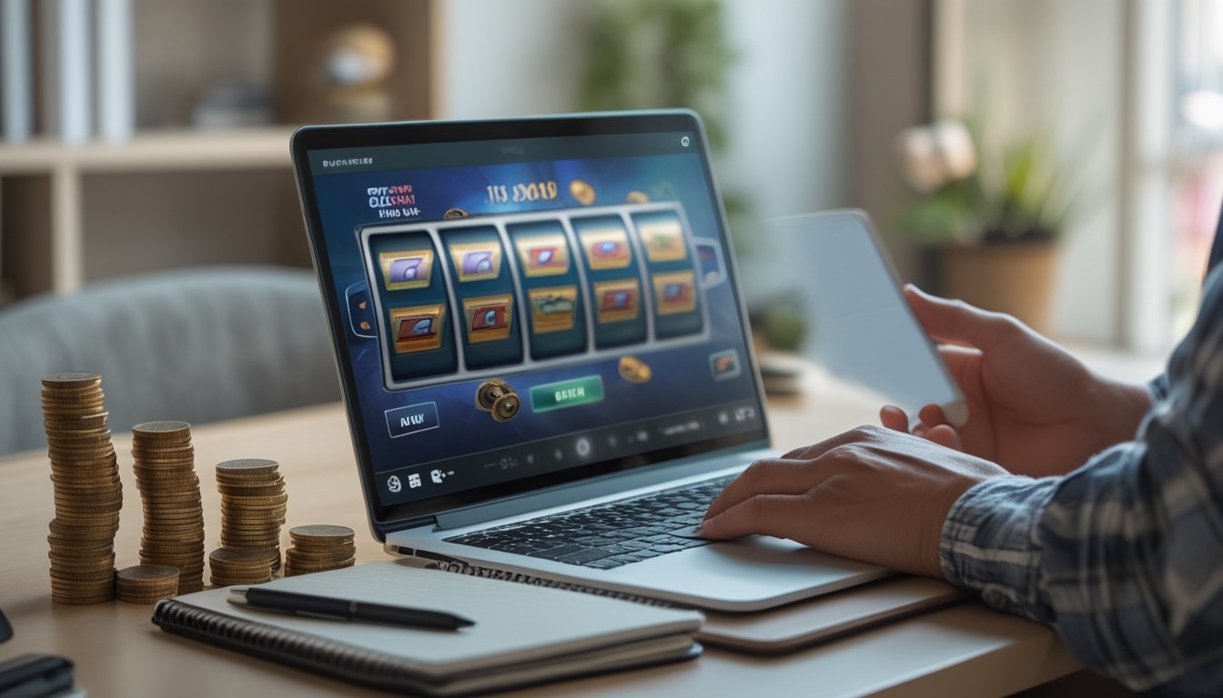 Seseorang menggunakan laptop dan ponsel di meja kerja dengan tumpukan koin kecil dan buku catatan, fokus bermain slot online dengan modal kecil.