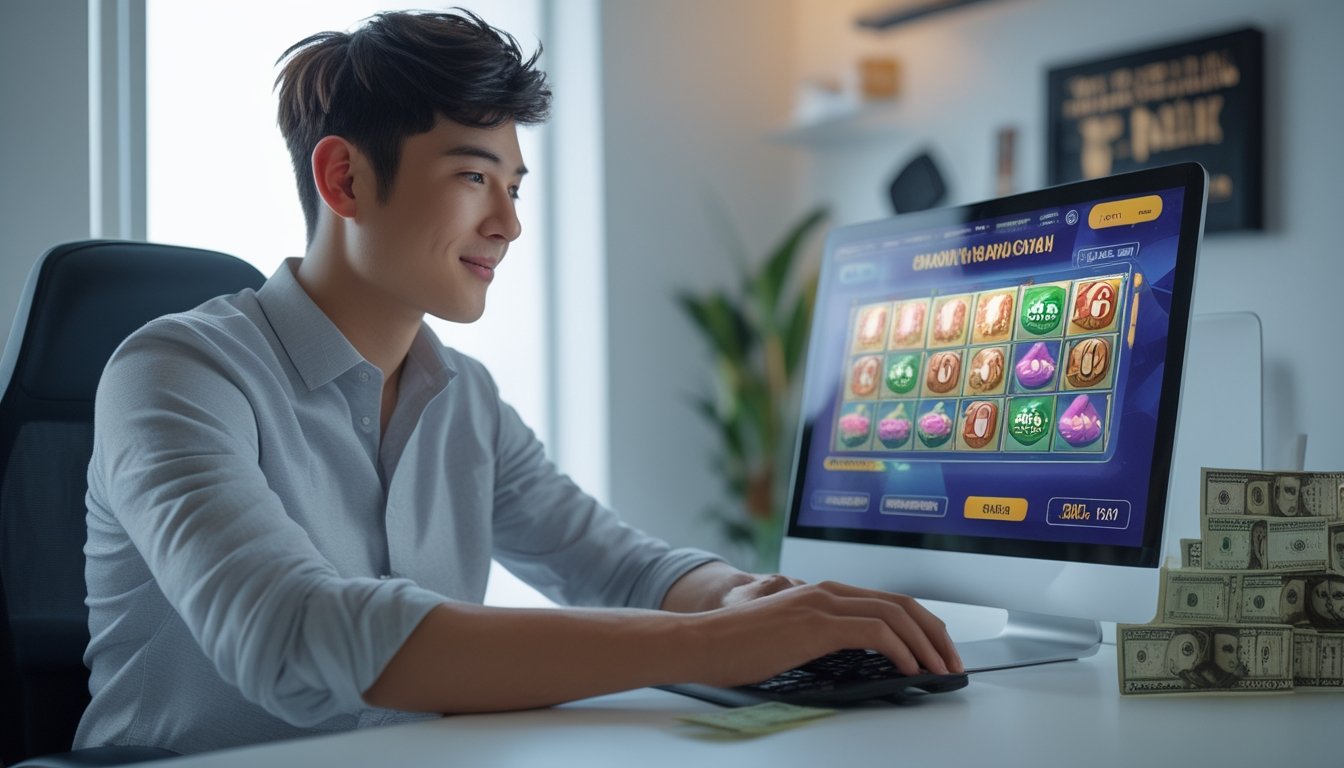 Seorang pria muda duduk di meja dengan laptop menampilkan permainan slot online dan uang kertas di sampingnya.