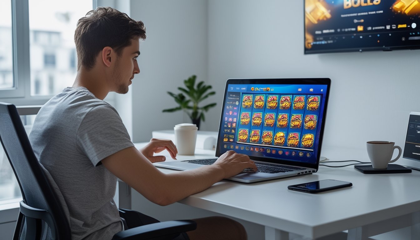 Seorang dewasa muda duduk di meja kerja dengan laptop yang menampilkan permainan slot online, terlihat fokus dan percaya diri.