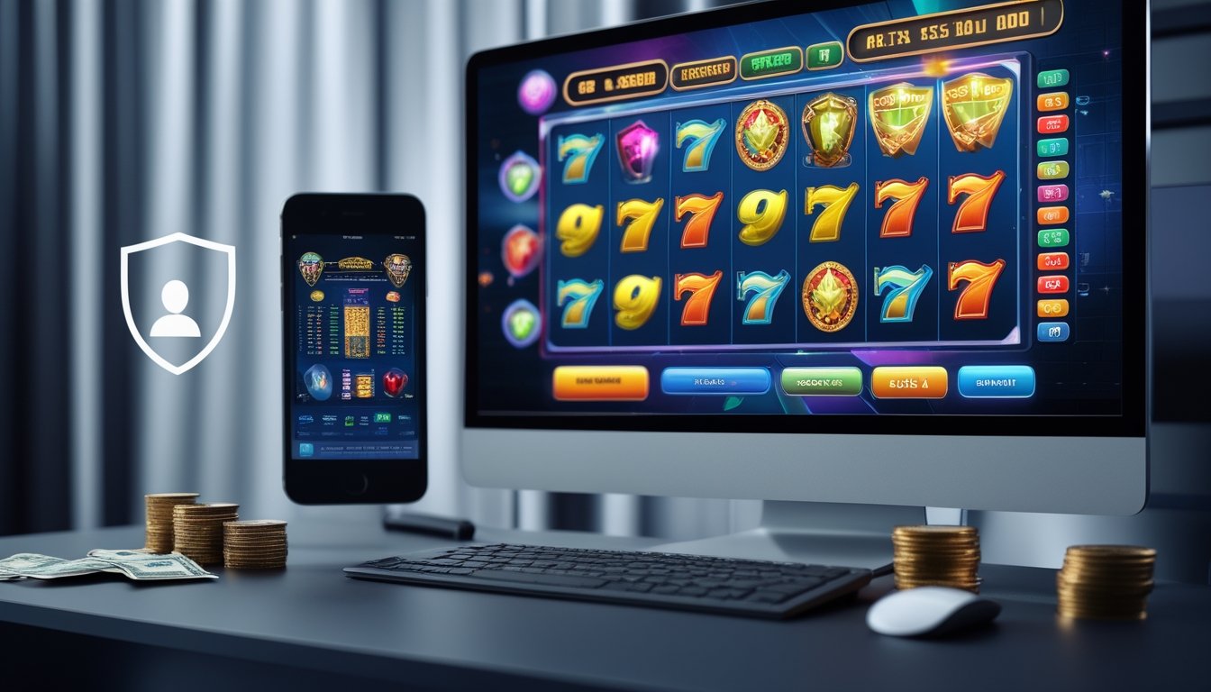 Sebuah meja kerja dengan komputer dan ponsel yang menampilkan permainan slot online dengan grafik warna-warni, dilengkapi koin dan simbol keamanan di latar belakang.