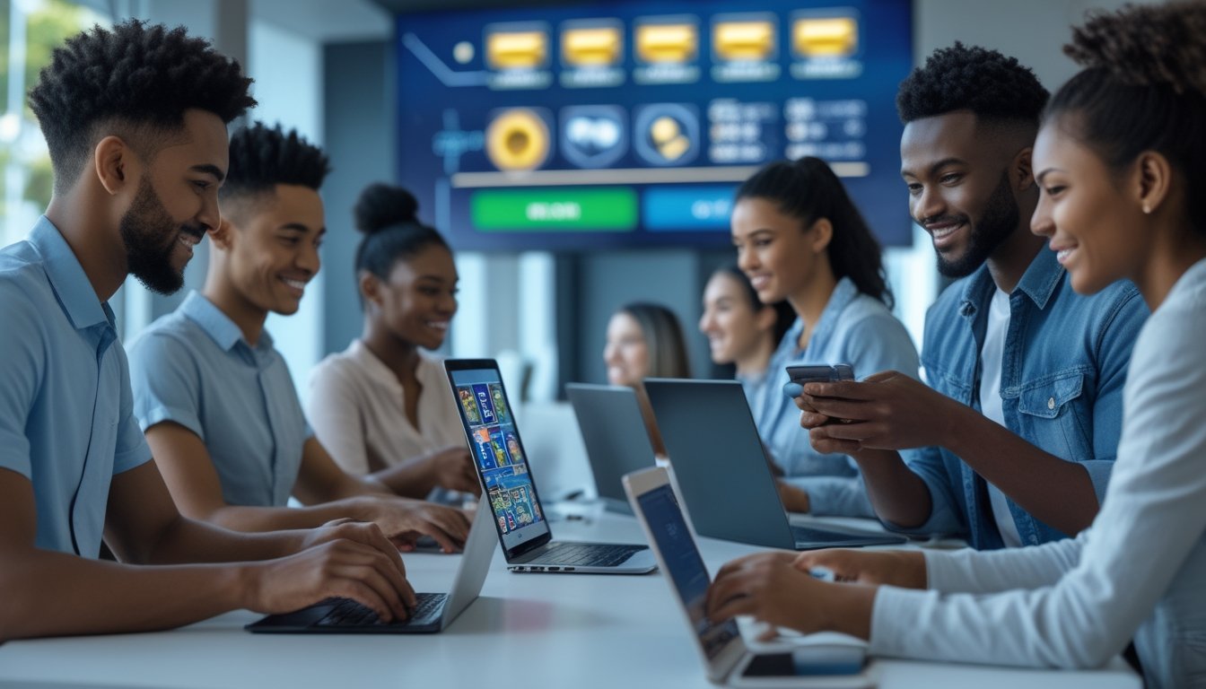 Orang-orang menggunakan laptop dan ponsel untuk bermain mesin slot online dalam ruangan modern yang terang dan aman.
