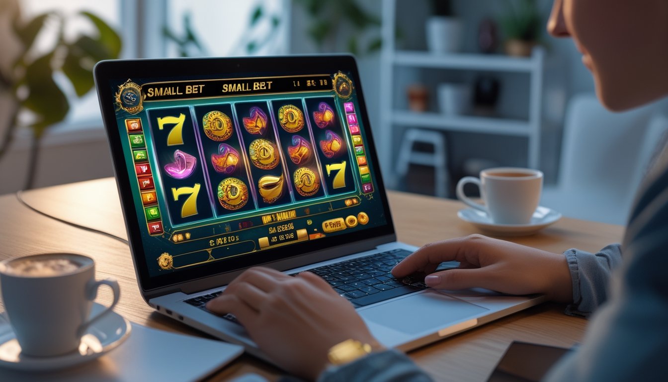 Seseorang sedang bermain slot online di laptop di meja dengan suasana nyaman dan minuman di sampingnya.