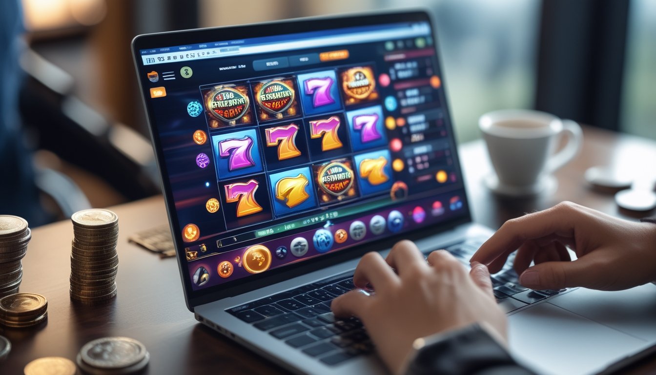 Seseorang bermain permainan slot online di laptop dengan latar belakang suasana santai dan beberapa chip kasino di meja.