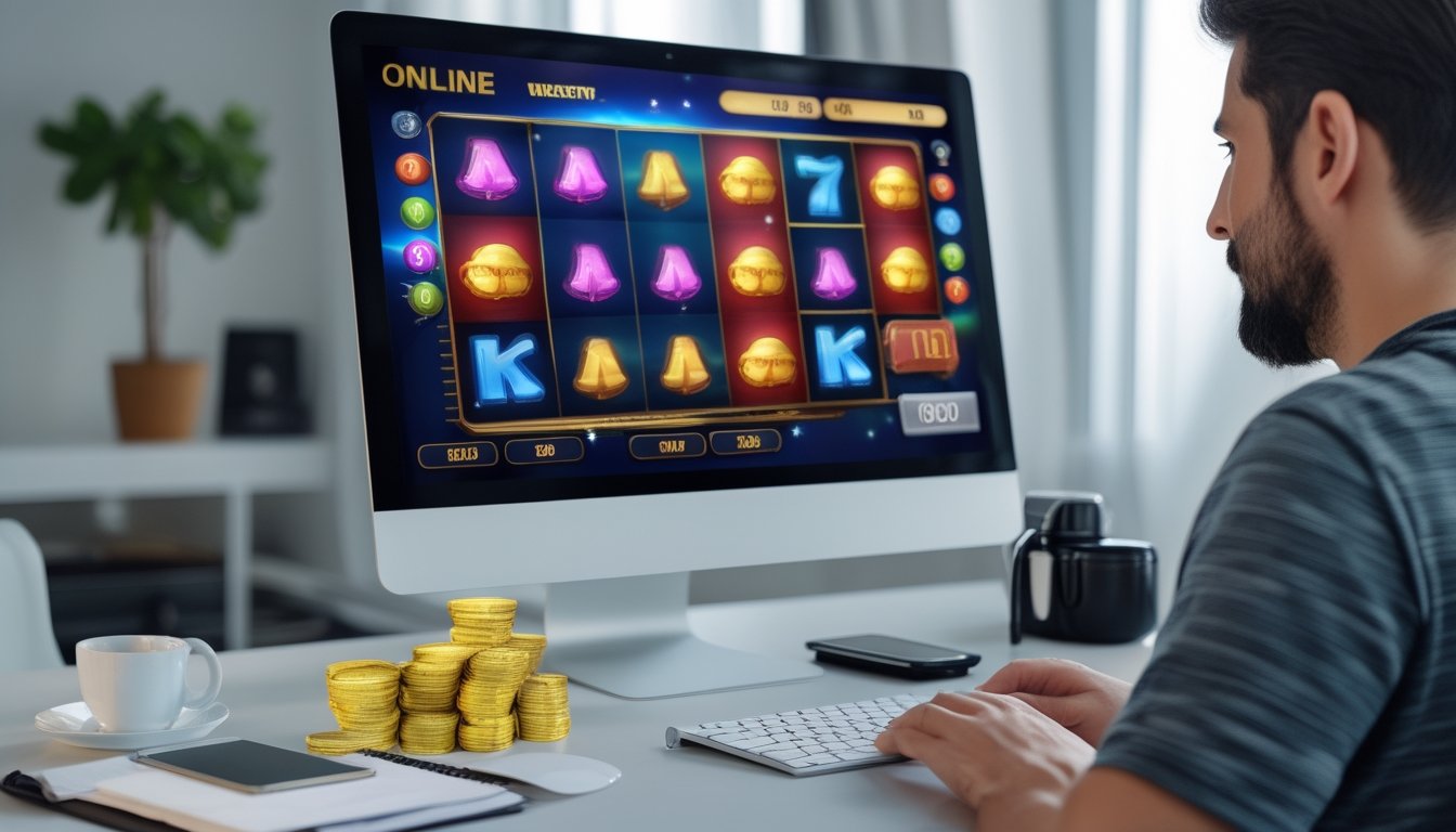 Seorang pemain dewasa duduk di depan komputer dengan permainan slot online di layar, di meja terdapat tumpukan uang kecil dan suasana ruangan yang rapi.