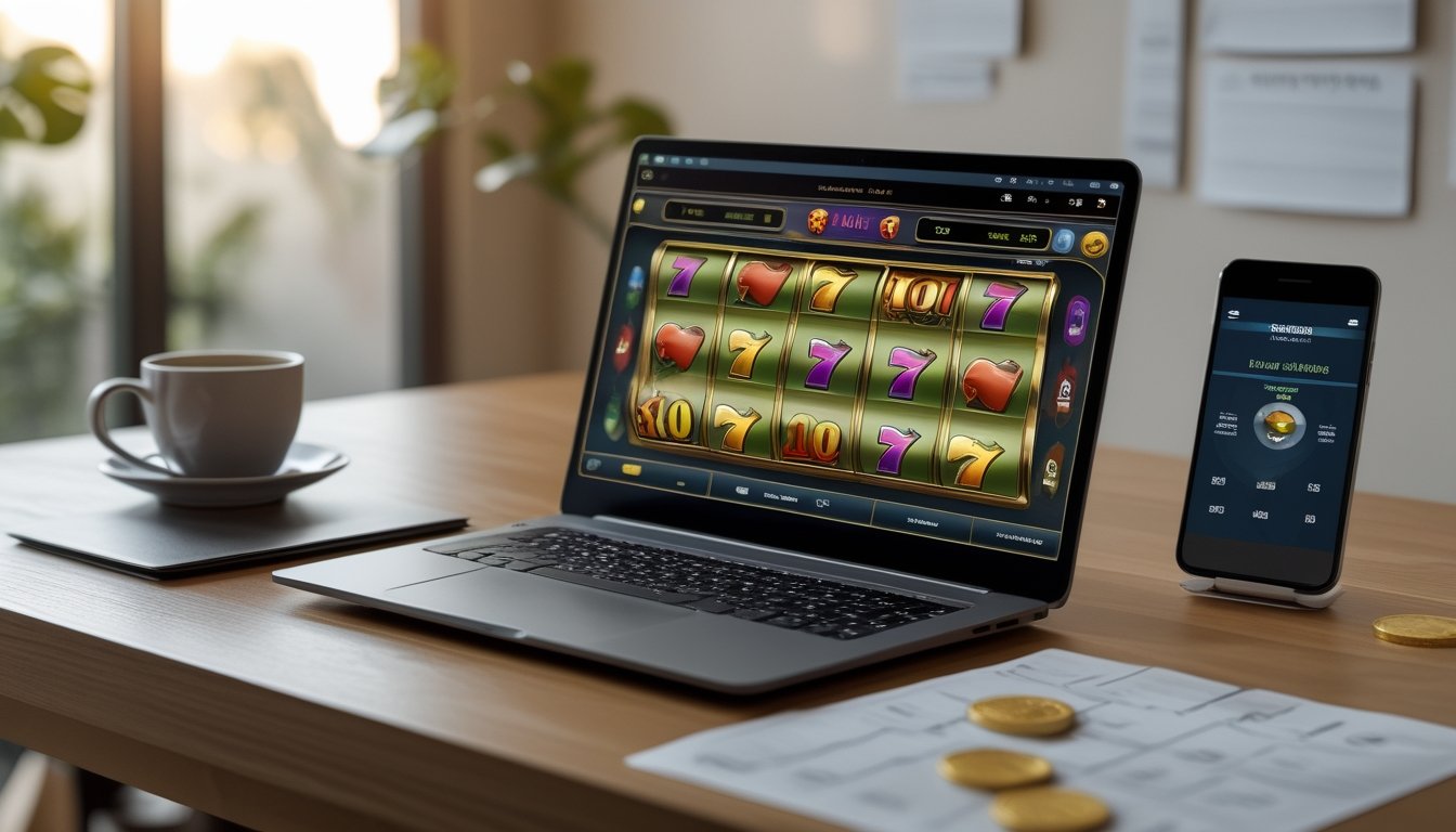 Meja kerja dengan laptop yang menampilkan permainan slot online, dikelilingi oleh cangkir kopi, ponsel dengan jam digital, dan catatan strategi bermain.