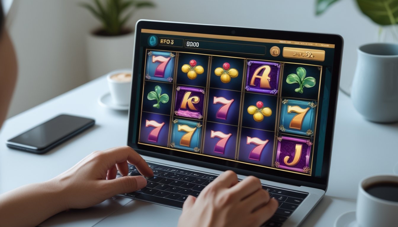 Seseorang bermain permainan slot online di laptop dengan latar belakang ruangan yang rapi dan terang.