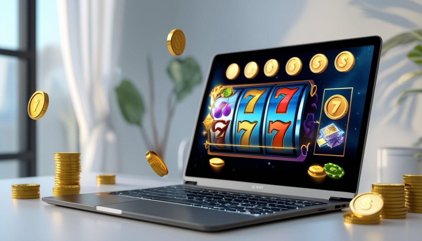 Layar komputer menampilkan permainan slot online dengan simbol warna-warni dan koin di sekitarnya.
