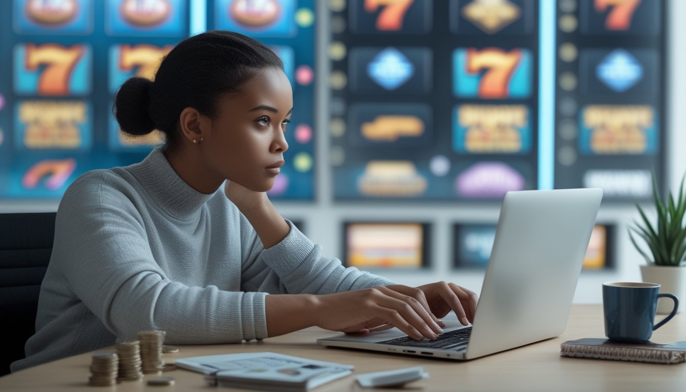 Seorang dewasa muda duduk di meja modern, fokus bermain permainan slot online di laptop dengan suasana tenang dan alat tulis di dekatnya.