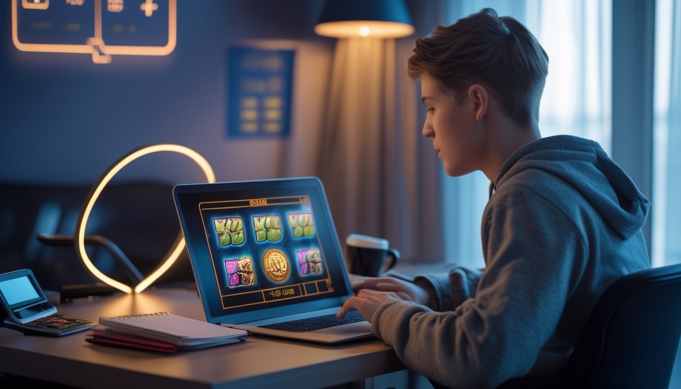 Seorang dewasa muda duduk di depan laptop yang menampilkan permainan slot online, dengan alat tulis dan kalkulator di meja, di ruangan yang nyaman dan terang.