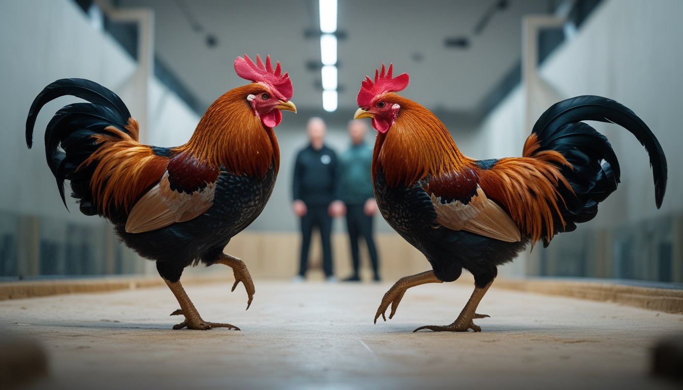 Dua ayam jantan sedang berhadapan di dalam ruangan dengan beberapa orang memperhatikan dari belakang.