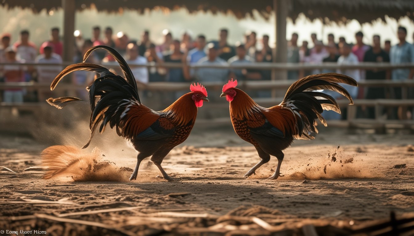 Dua ayam jago sedang bertarung di arena sabung ayam dengan penonton di latar belakang.