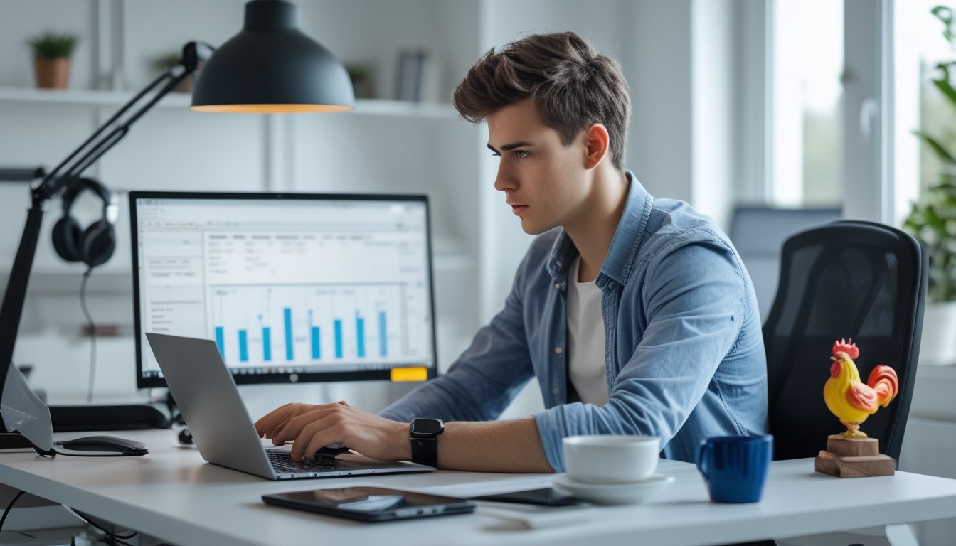 Seorang pria muda duduk di meja kerja dengan laptop dan catatan, fokus menganalisis strategi bermain sabung ayam secara online.