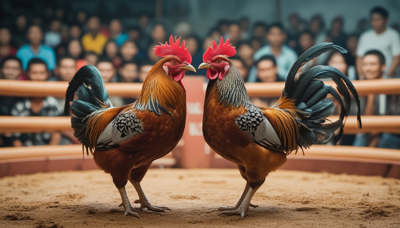 Dua ayam jago sedang bertarung di arena sabung ayam dengan beberapa orang menonton di sekitarnya.