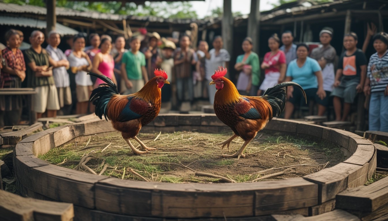 Dua ayam jago bertarung di arena kayu dengan penonton yang memperhatikan di sekelilingnya di luar ruangan.